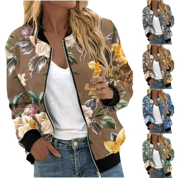 YUGYXL Bomber Jacket for Women Boho Floral Print Zip Up Outerwear Plus Size Windproof Full-Zip Jackets Casual Stand Collar Varsity Jackets Gift for Wife