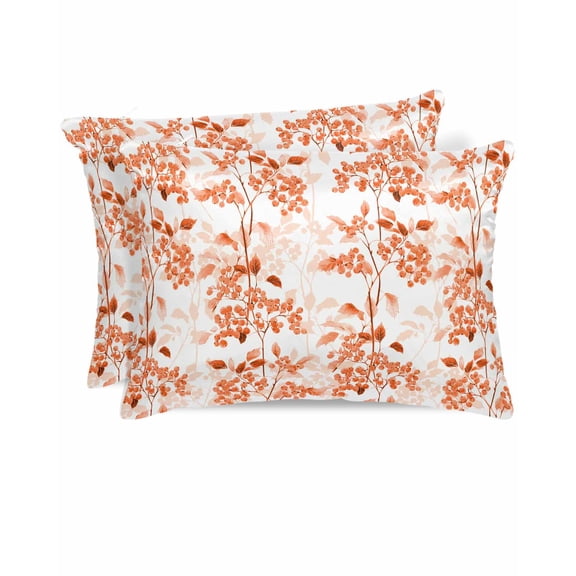 Hokiten Pillow Cases Queen Size Set of 2, Couch Pillow Covers, Burnt Orange Botanical Satin Pillowcases with Zipper for Hair/Skin, Pillow Protector Cover, Vintage Nature Flower 20x30 Inches