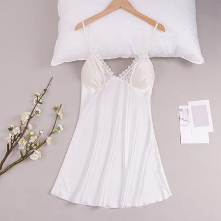 

XIAOFFENN Pajama Pants Ladies Sleepwear Charming Comfortable Solid Color Lace Suspenders Pajamas Dress Woman Nightgown Home Clothes 6 White