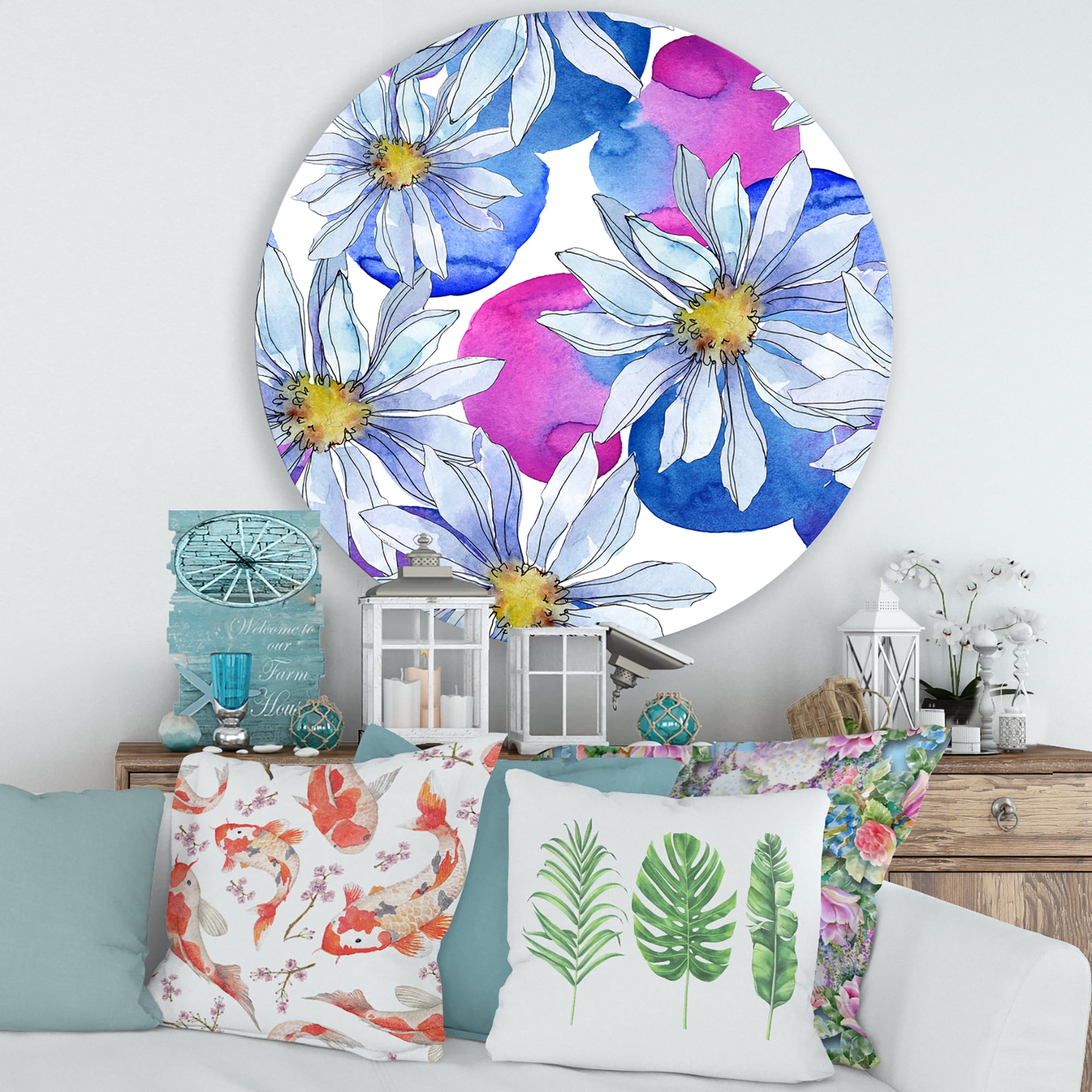 Designart 'Daisies On Red and Blue Backgorund' Traditional Circle Metal Wall Art 29x29 - Disc of 29