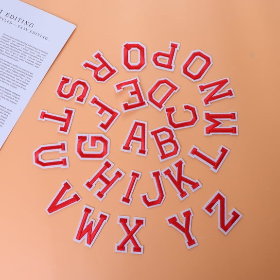 KALLORY Red Cloth Stickers for Clothes with 26 English Letters, 52 Pieces, and Easy to Apply