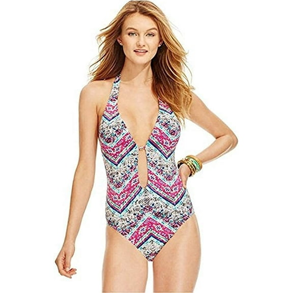 Bar III MULTI Printed Plunge Lace-Up One-Piece Swimsuit, US Medium
