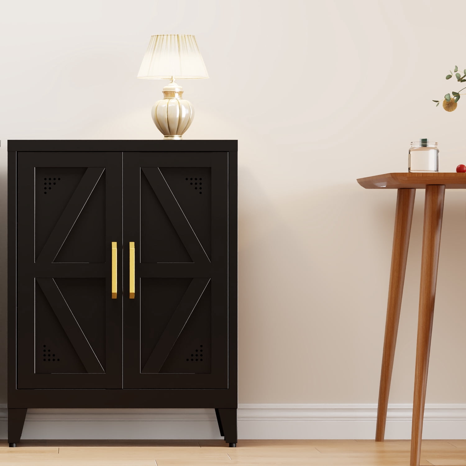 JHYKFG 32"Metal Pantry Storage Cabinet,Freestanding Sideboard with 2 Adjustable Shelves for Small Spaces, Living Room, Hallway, Dining Room,Black
