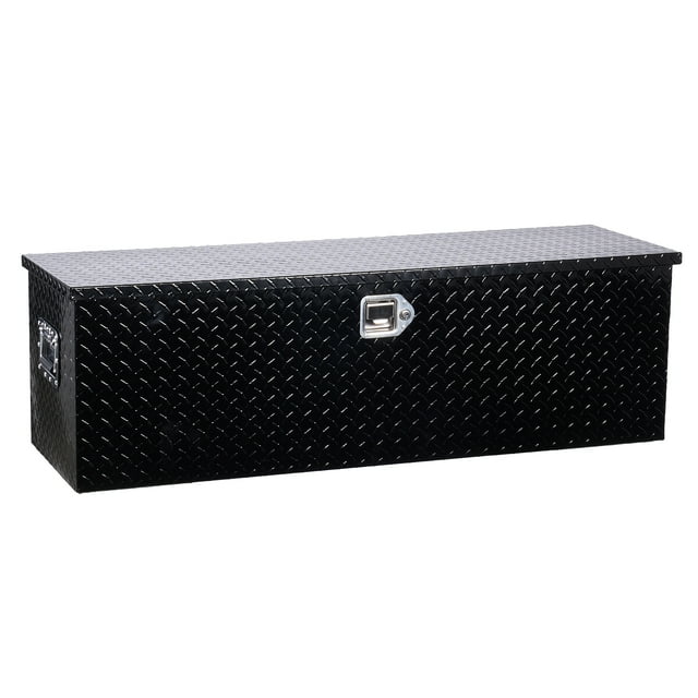 KFFKFF Heavy Duty Aluminum Truck Bed Tool Box with a black diamond plate design, featuring side handles and a secure locking mechanism. This durable storage toolbox measures 49 x 15 x 15 inches and is designed for truck beds, trailers, and RVs. It includes dual gas struts for smooth lid operation and a weather-resistant seal to protect tools from dust and moisture. Suitable for storing automotive tools, camping gear, and other essentials.