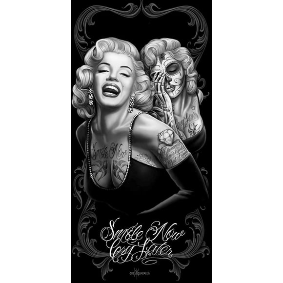 Serviette de Plage Noire Chicano Marilyn Monroe Sourire Pleure Maintenant Plus Tard