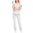 thumbnail image 4 of Xfvqtps Scrub Set for Women Solid Color V-Neck Stretch Scrub Top Elastic Waist Jogger Scrub Pants with Pocket Short Sleeve Working Nursing Uniforms Set White, 4 of 10