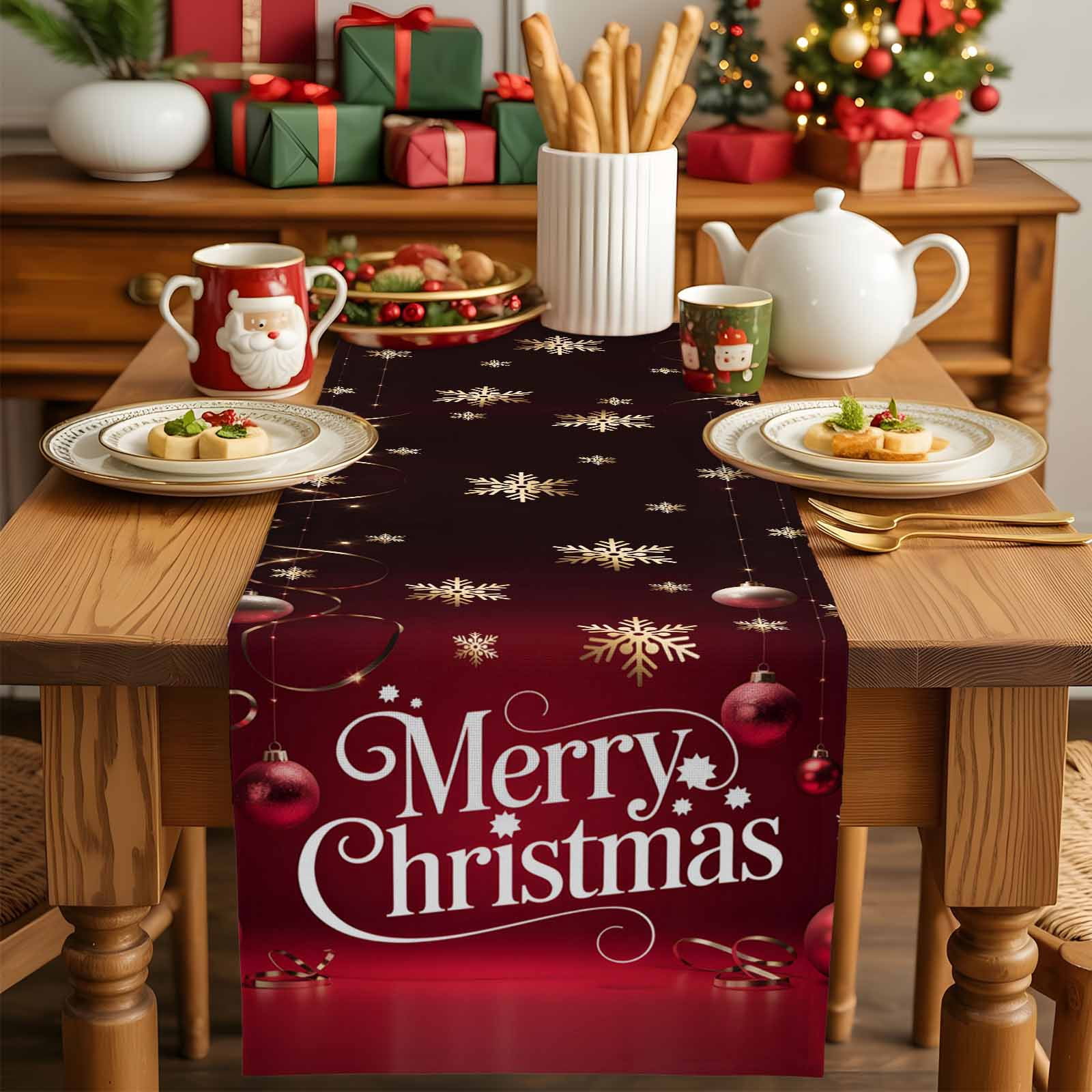 Red Theme Xmas Ball Table Runner 13x90 Inch Starry Merry Christmas Gold Snowflakes Table Runners Dresser Scarves Winter Holiday Kitchen Dining Table Decoration for Home Party Indoor