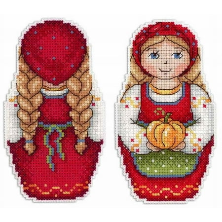 UPC: 4627128732420 | Counted Cross Stitch Kit Matryoshka Autumn SR-268 Plastic Canvas Needlework Easy Small Girl Red Brown By MP Studia