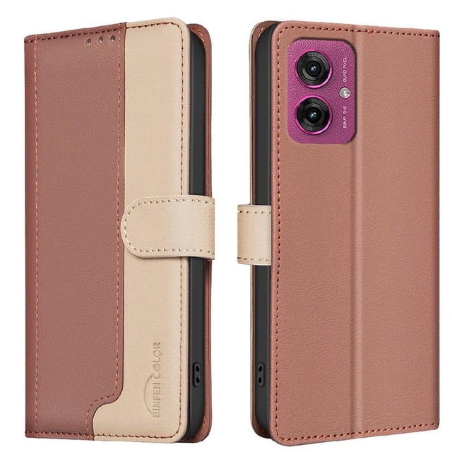 Premium RFID Blocking Wallet Case for Motorola Moto G55 5G with 3 Card Slots & Stand Brown