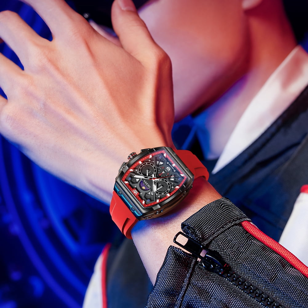 OLEVS Watches for Men Chronograph Waterproof Luxury Dress Quartz Silicon Strap Multifunction Moon Phase Calendar Luminous Men Wrist Watches Reloj Para Hombre Black/Red