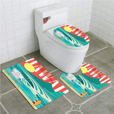 PUDMAD Hawaiian Hawaii Sandy Coastline Sunny Day Surfboard Tropics Famous 3 Piece Bathroom Rugs Set Bath Rug Contour Mat and Toilet Lid