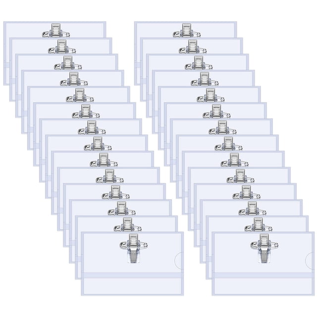 Paquete de 100 etiquetas de nombre de 90 x 56 mm, transparentes, con clip para etiquetas de nombre para ropa, estuche para etiquetas de nombre con clip para tarjetas de identificación para la