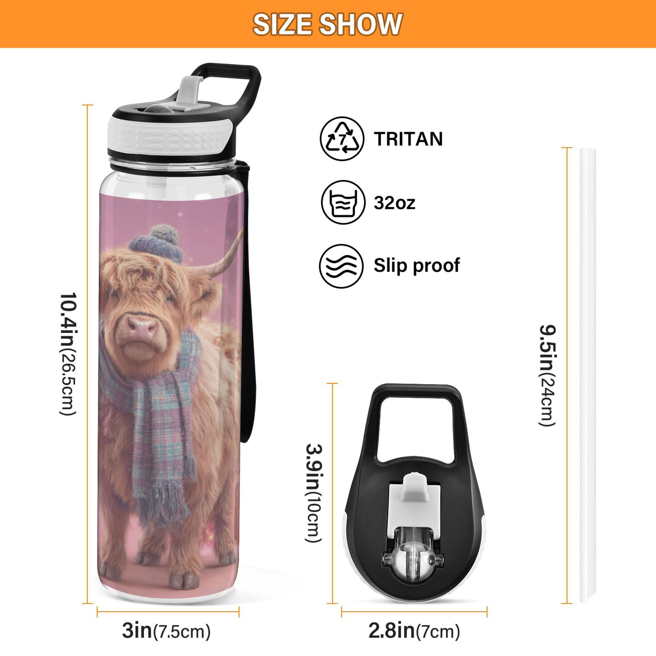 1000ML Transparent Sports Water Bottle with Handle & Straw Portable Water Bottle for Outdoor Camping Gym Cow Wearing Christmas