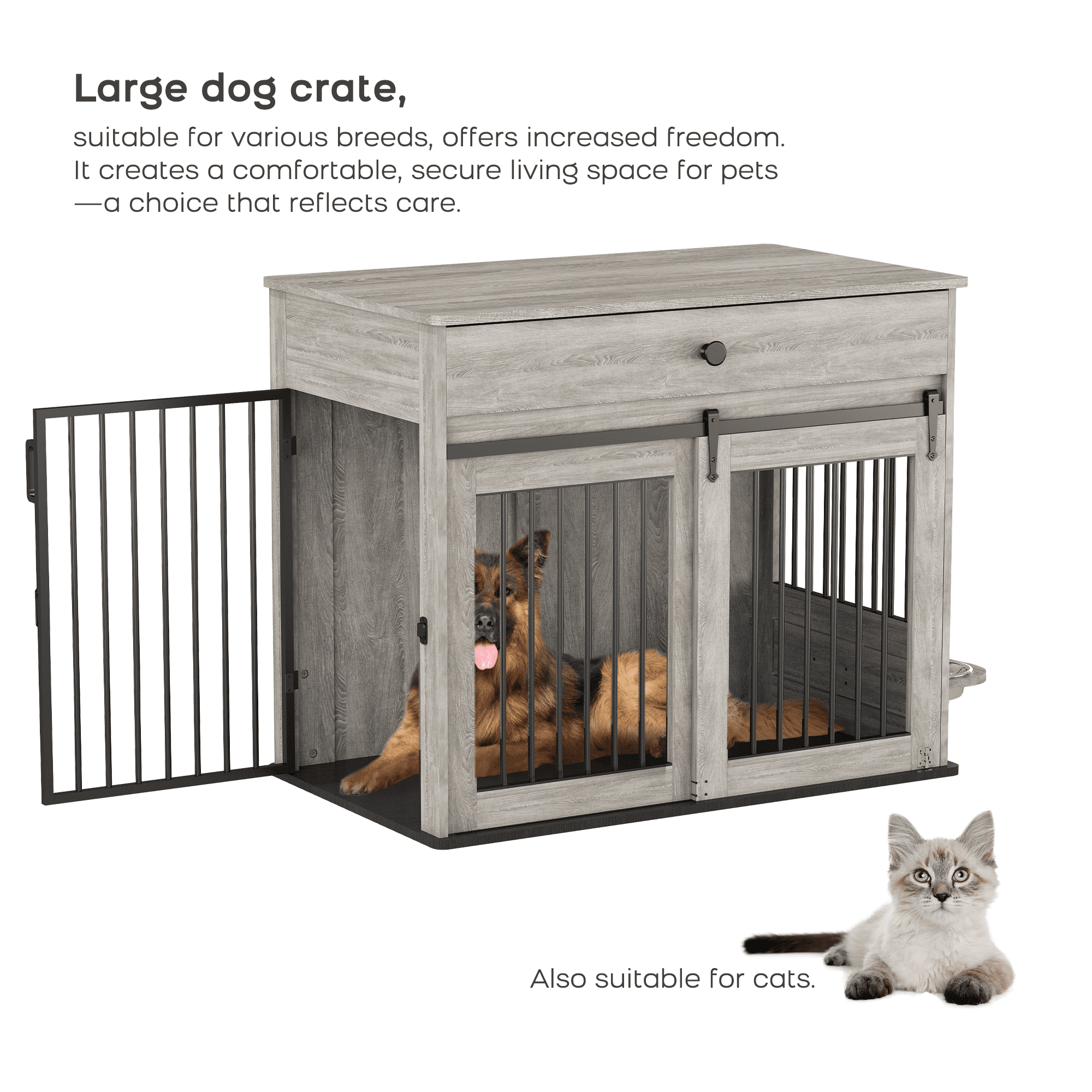 WHIFEA Modern Wooden Dog Crate Furniture with Sliding Barn Door & Side Access, Rotating Feeder Kennel for Medium-Large Dogs, Farmhouse Style, Grey