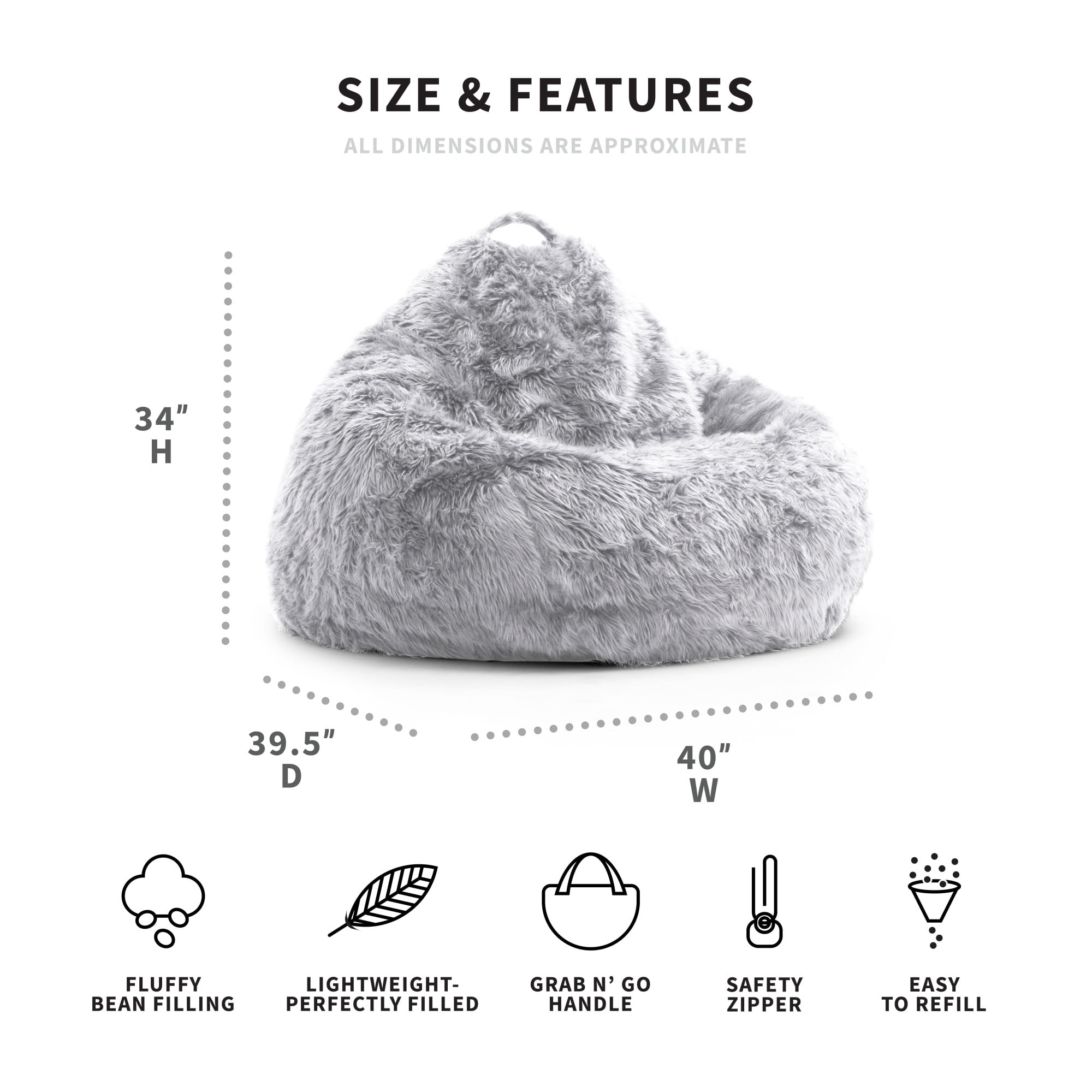 Big Joe Teardrop Bean Bag Chair, Gray Shag Fur, Soft Faux Fur, 3 feet Big