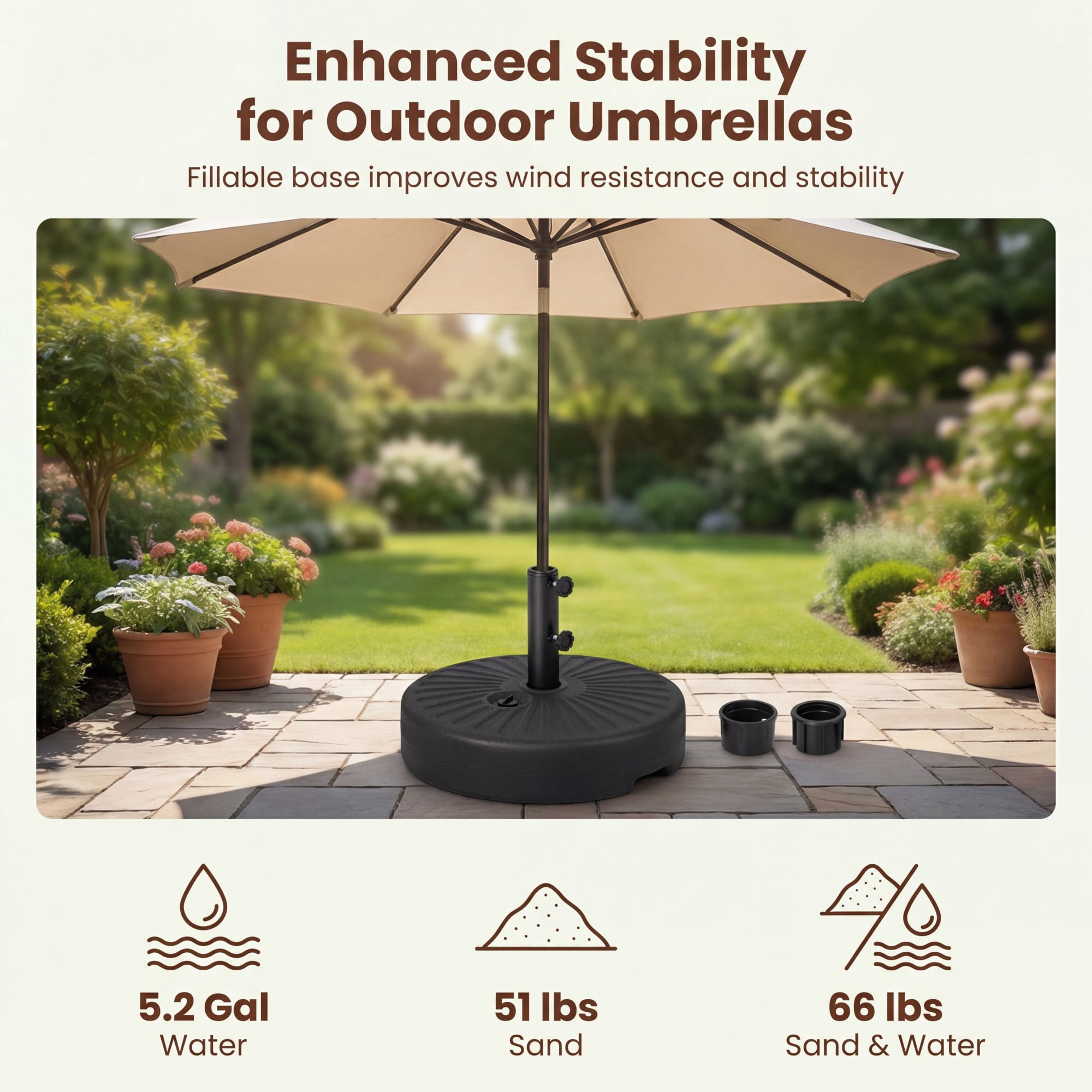 ELLEGNT Heavy-Duty Patio Umbrella Base Stand - 19.5" Round, Fillable, Fits 1.5" /1.9" Poles