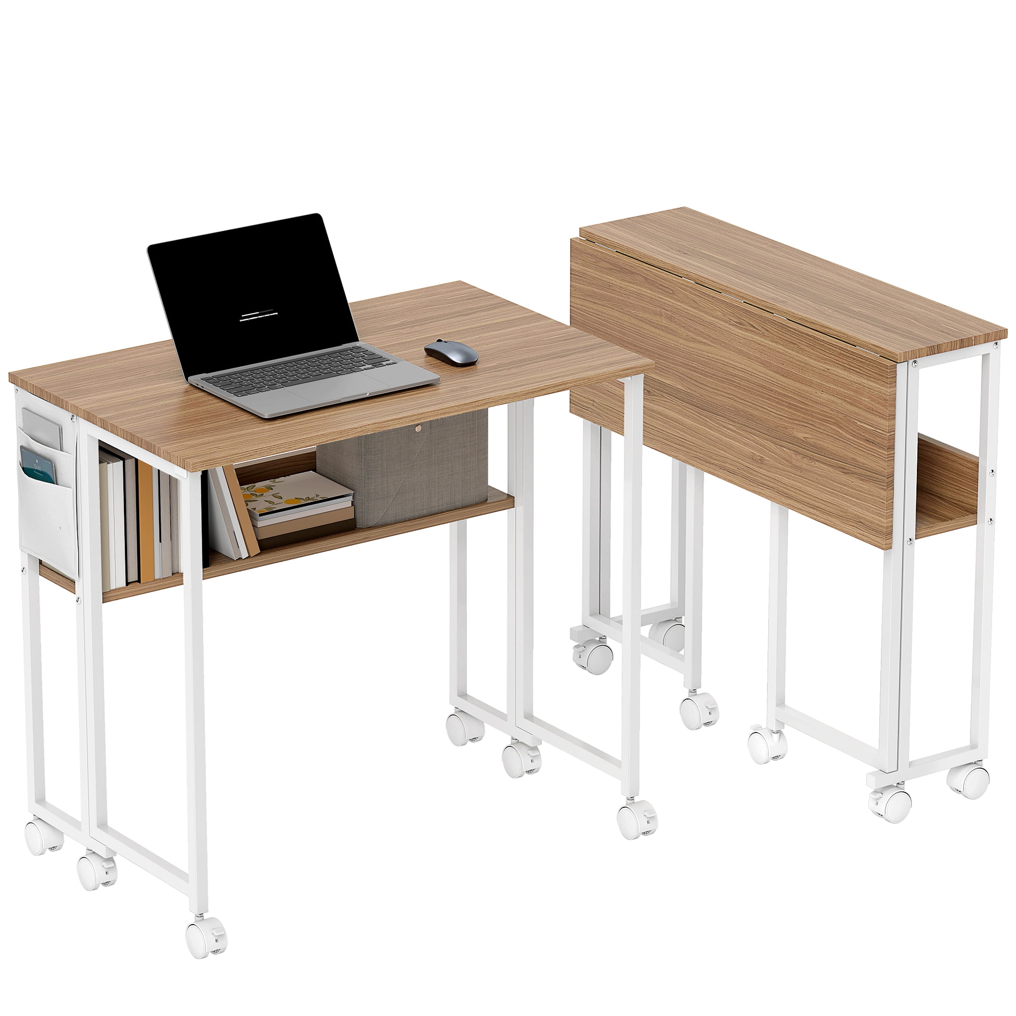HOMCOM Small Folding Desk, 31.5" Foldable Computer Desk with Storage Bag, Shelf and Wheels for Small Spaces, Home Office, Easy Assembly, Natural Wood