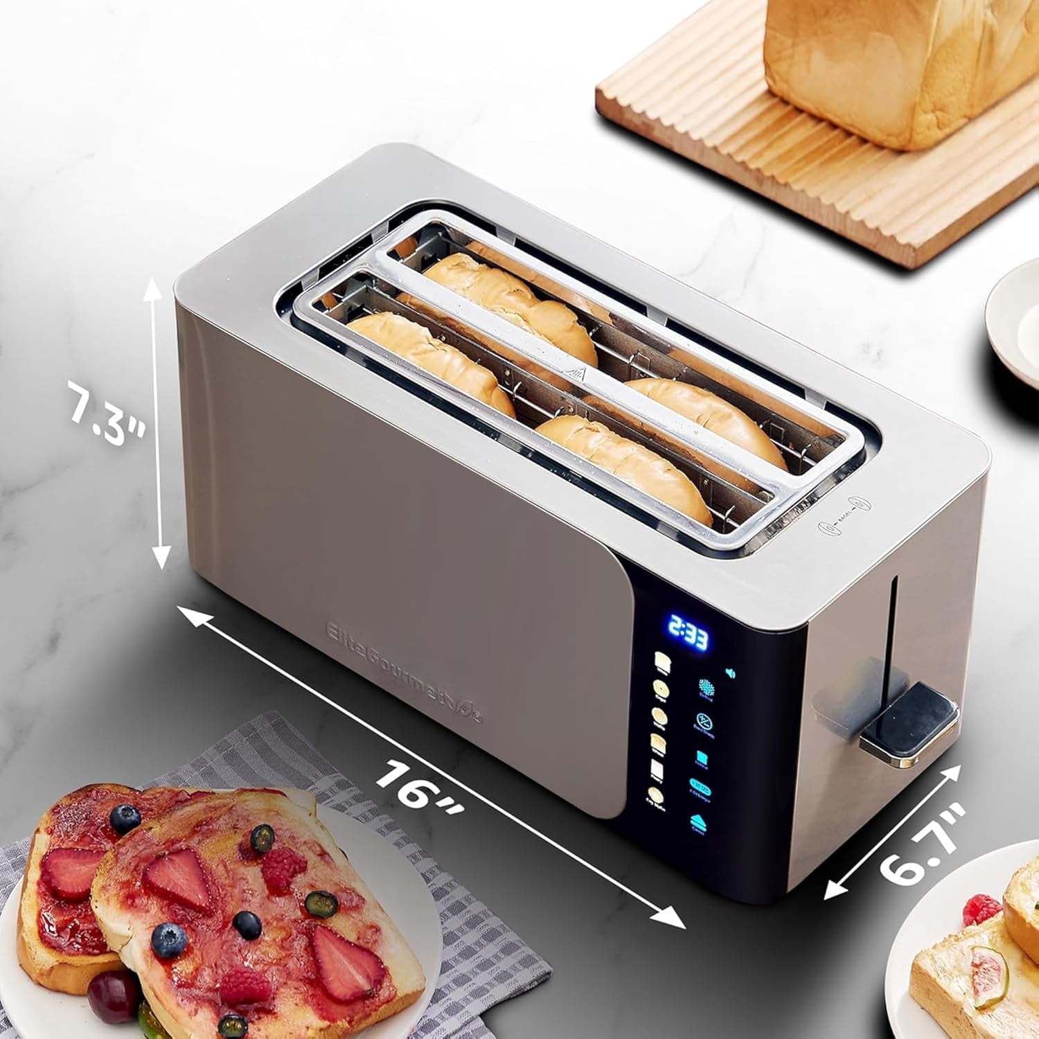 Digital Long Slot 4 Slice Toaster, 1.5” Wide Slots for Thick Breads & Bagel Function, LED Touch Screen, Countdown Timer, 6 Shades, Stainless Steel