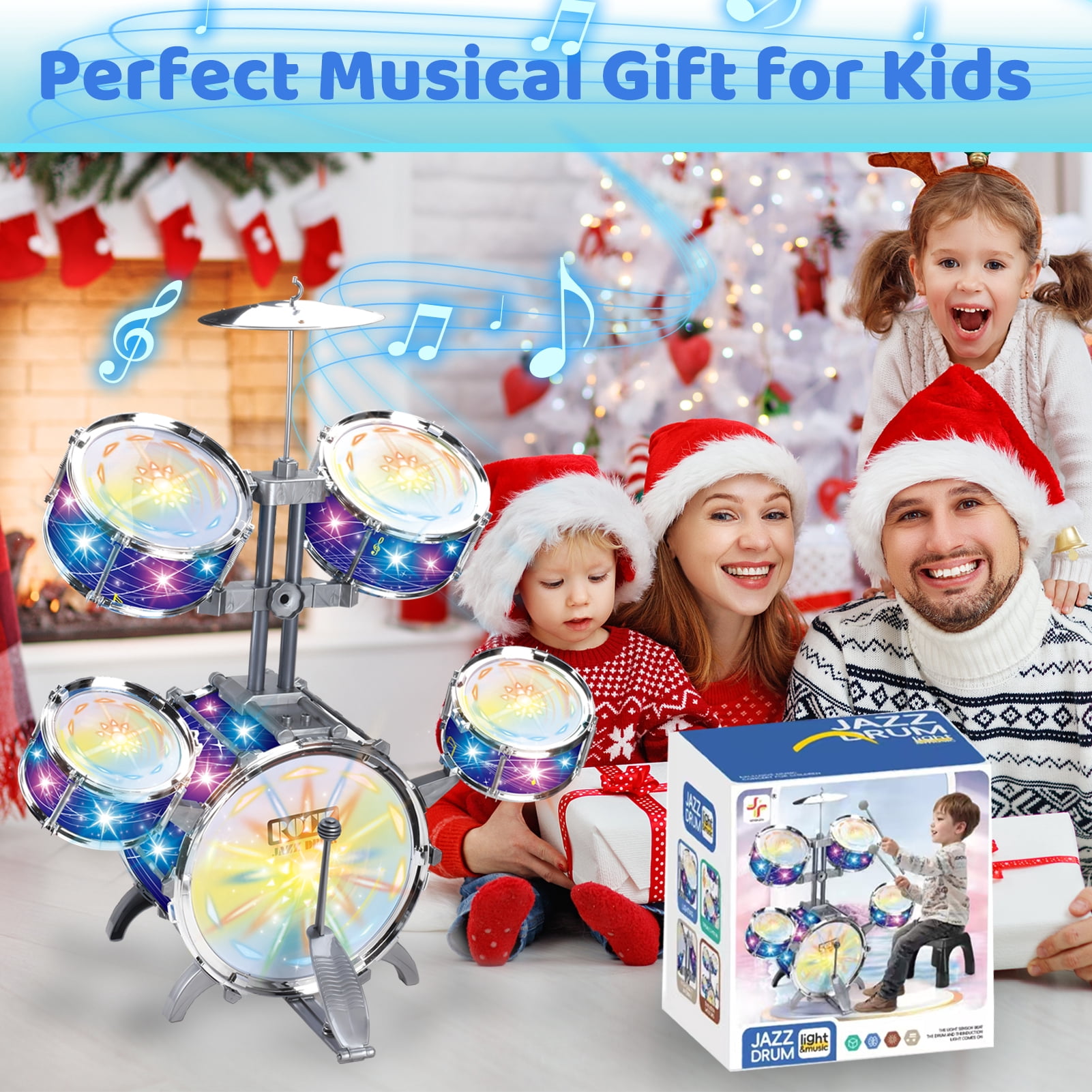 LINXUXIE Upgrade Big Size Kid Drum Set for Toddlers with 5 Jazz Drum Kit & Star Light Musical Instrument Toys,Boys Gils Gifts for Aged 1-3 3-5