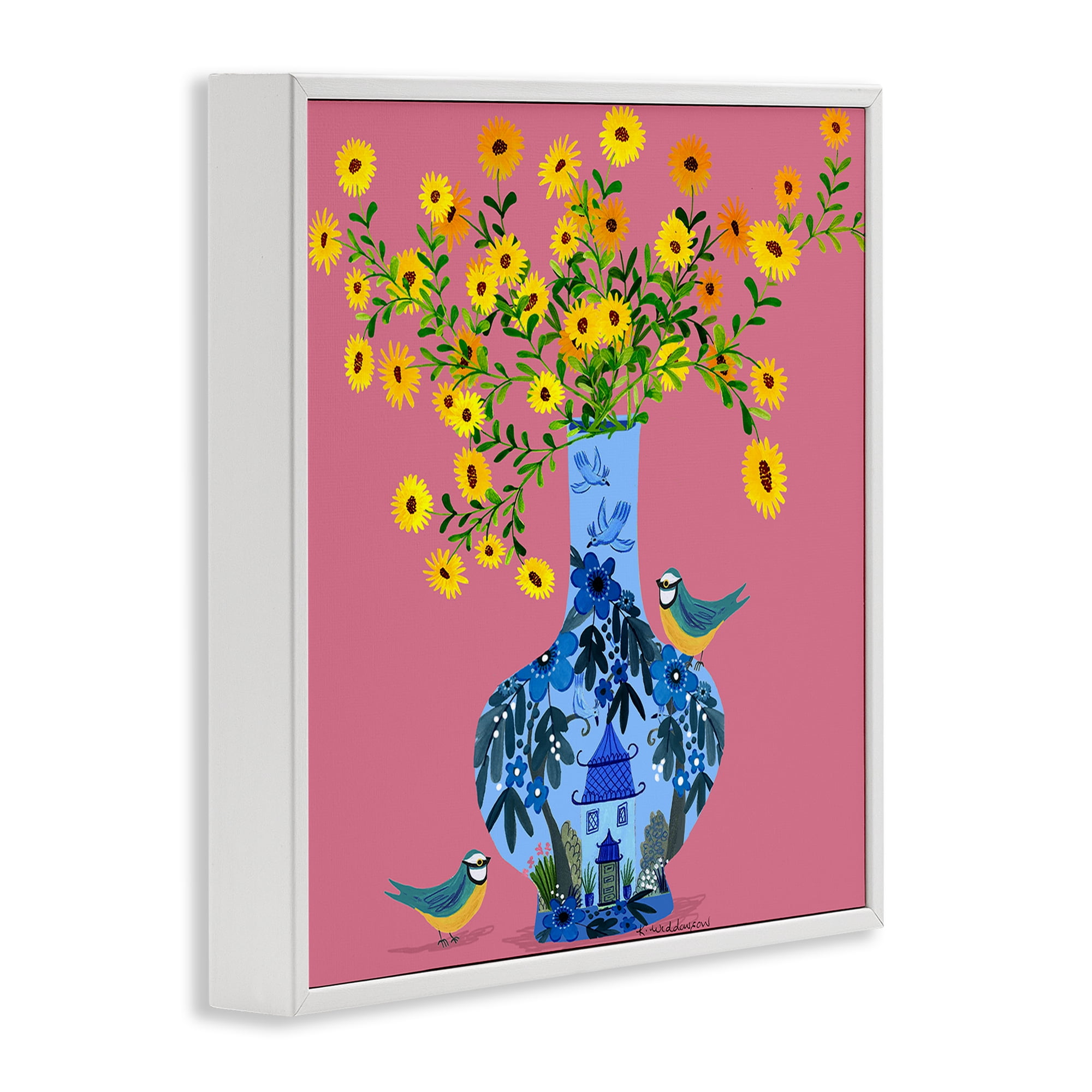 Stupell Industries Ornate Vase with Daisies Floral Painting White Framed Art Print Wall Art, 24 x 24