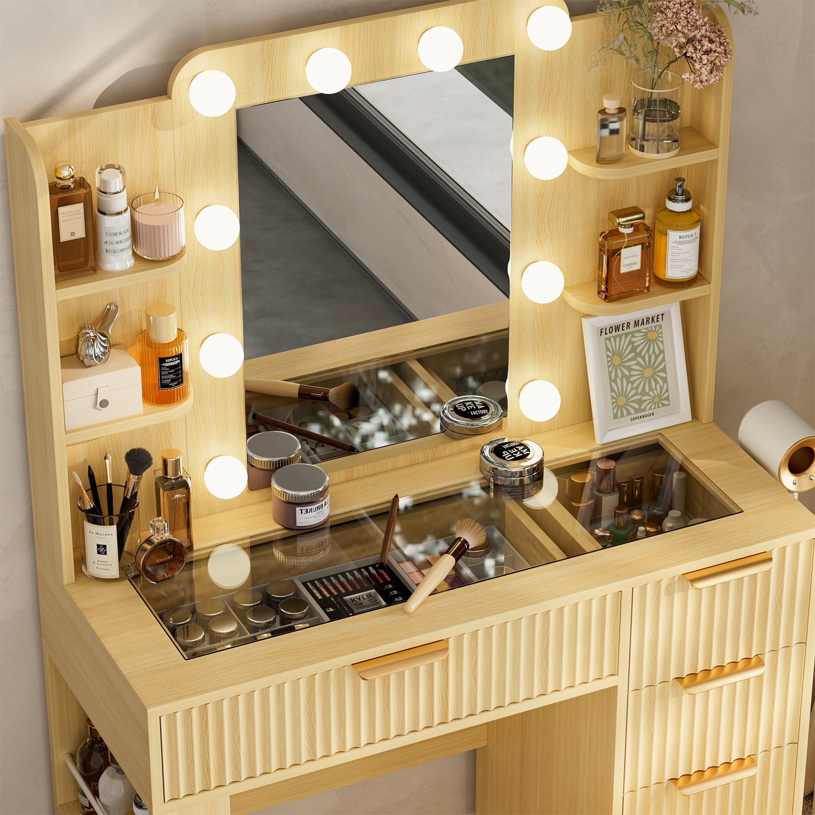 Hommoo Vanity Desk with Mirror and 3 Colors Lights, Makeup Vanity Set Dressing Table with Charging Station, Transparent Tabletop, 5 Drawers & Open Storage for Bedroom, Oak