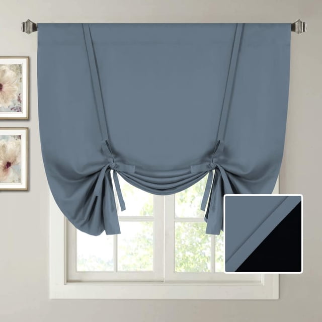 Cortinas 100% opacas para atar para dormitorio, cortinas con aislamiento térmico, 45 pulgadas de largo, cortinas opacas con bolsillo para barra para ventana pequeña/baño con forro negro, piedra pómez, piedra azul, 42 pulgadas de ancho x 45 pulgadas de largo