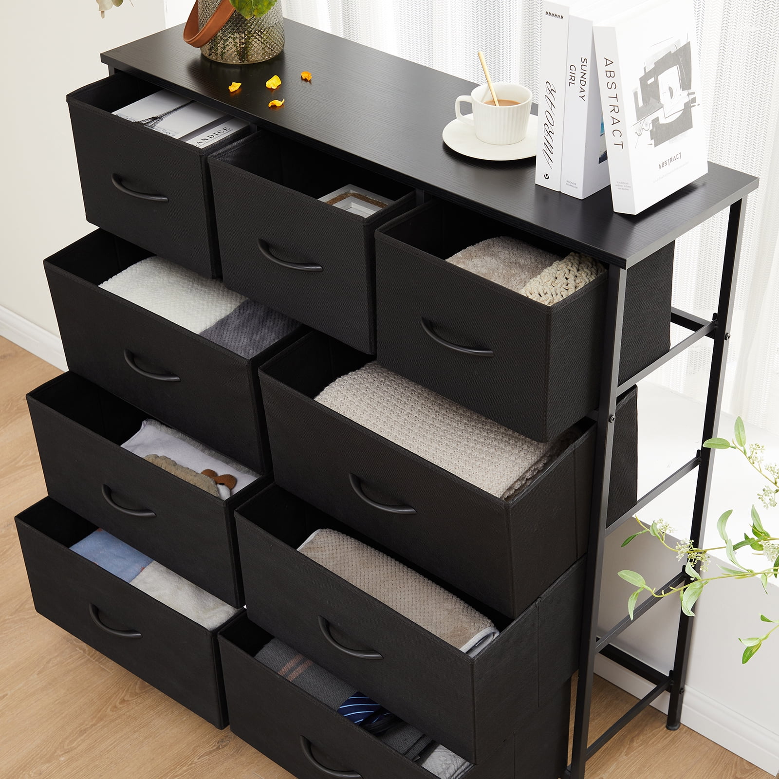 Aidoly 9-Drawer Dresser with Wooden Top, Adjustable Feet, Sturdy Metal Frame Dressers for Bedroom, Living Room, Black