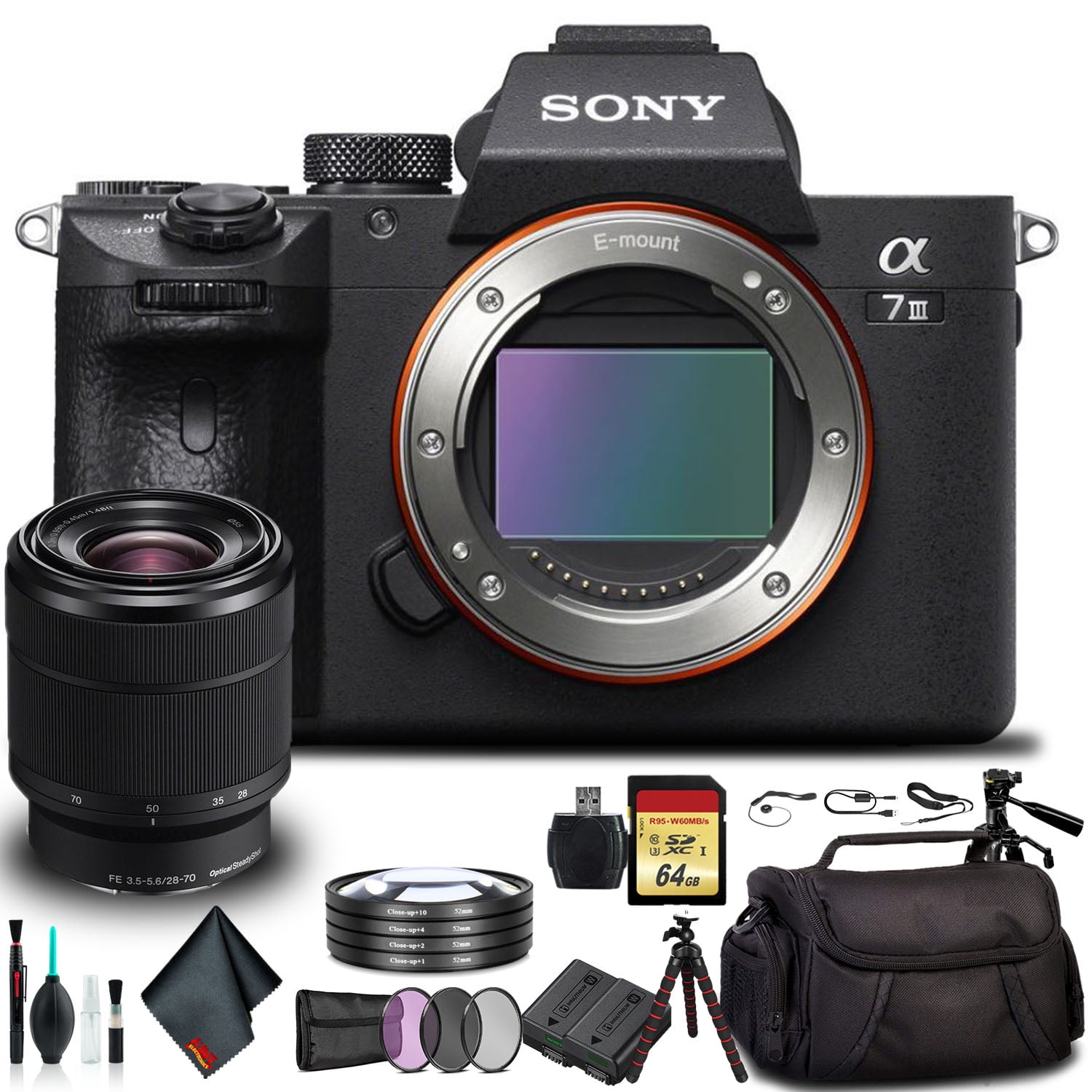 Sony Alpha a7 III Mirrorless Camera with 28-70mm Lens 24.2MP Full-Frame 4K Video IBIS Bundle + 64GB Card Tripod and Bag Professional kit with essential accessories (International Model)