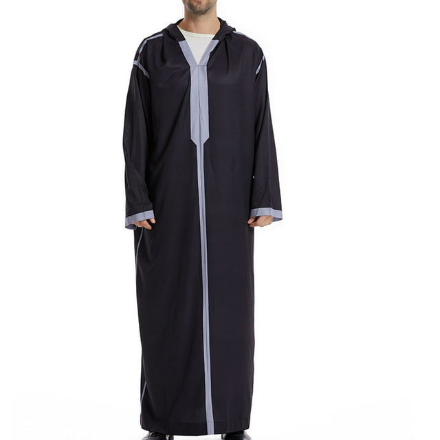 RXIRUCGD Men's Muslim Robe Arab Middle Robe Long Style Long Sleeve Neck Pocket Long Shirt Fashion Casual Robe, Black, Size : L