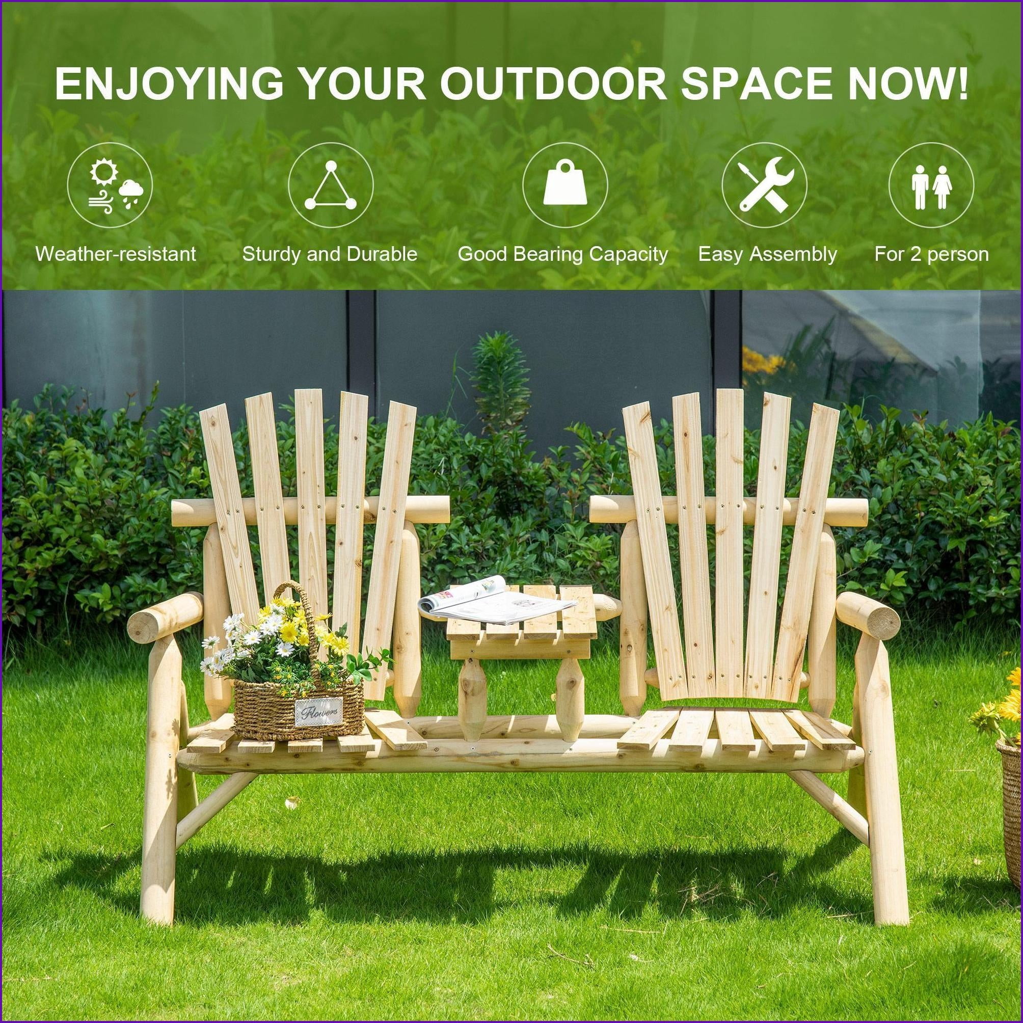 Outdoor Loveseat Adirondack Chair, 2-Seat Wooden Bench with Table/Cupholder for Porch/Backyard/Fire Pit | Natural | Slat Back