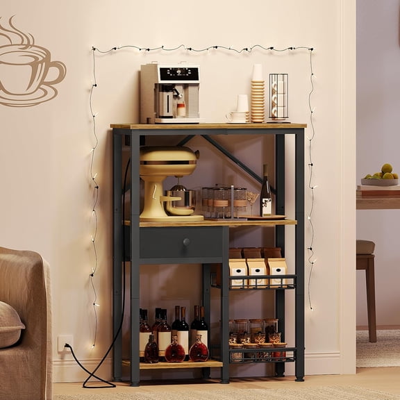 Bakers Rack with Power Outlet, Coffee Bar Storage Stand for Microwave Spices Pots Rustic Brown