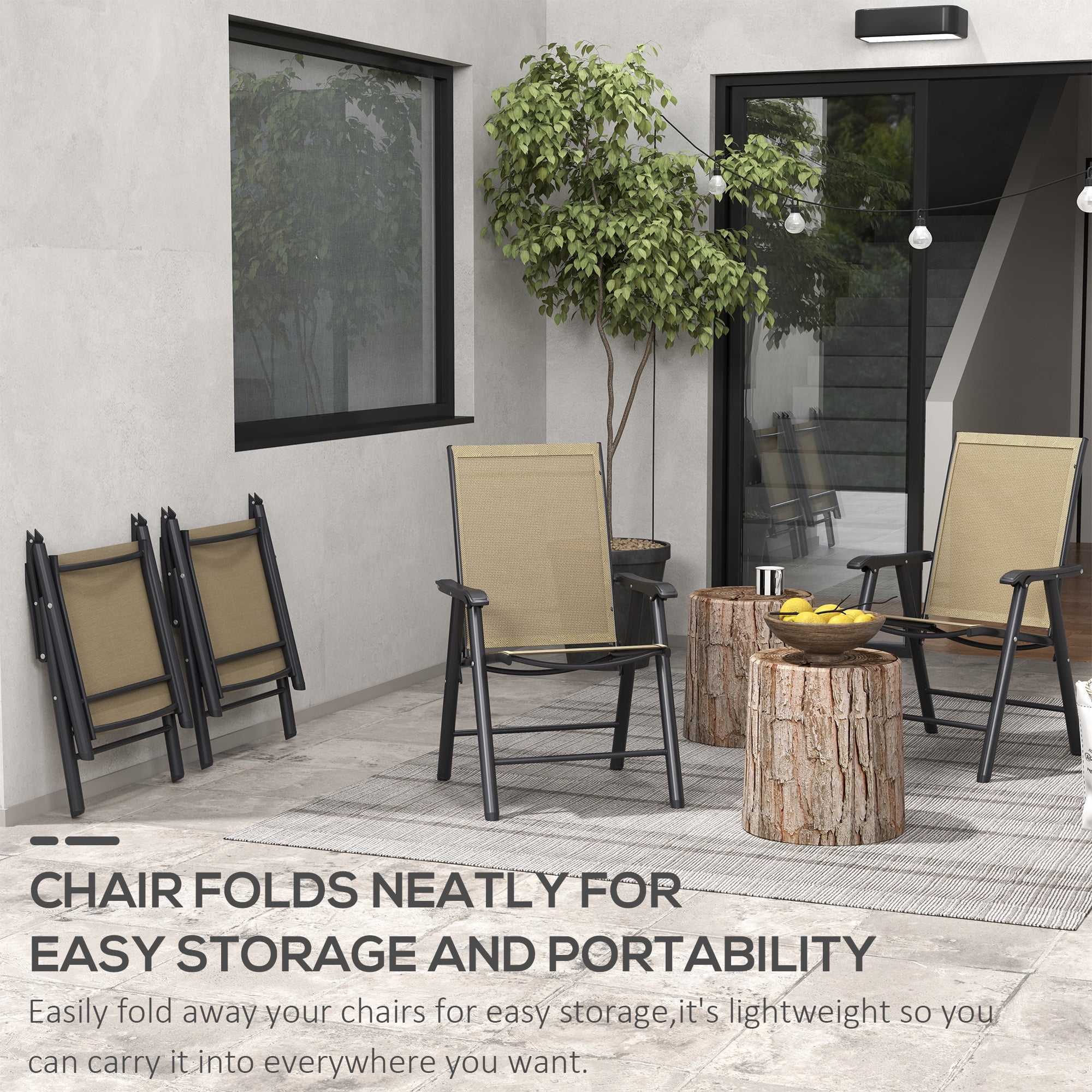 Set of 4 Patio Folding Chairs, Stackable Outdoor Sling Patio Dining Chairs with Armrests for Lawn, Camping, Dining, Beach, Metal Frame, No Assembly, Light Mixed Brown