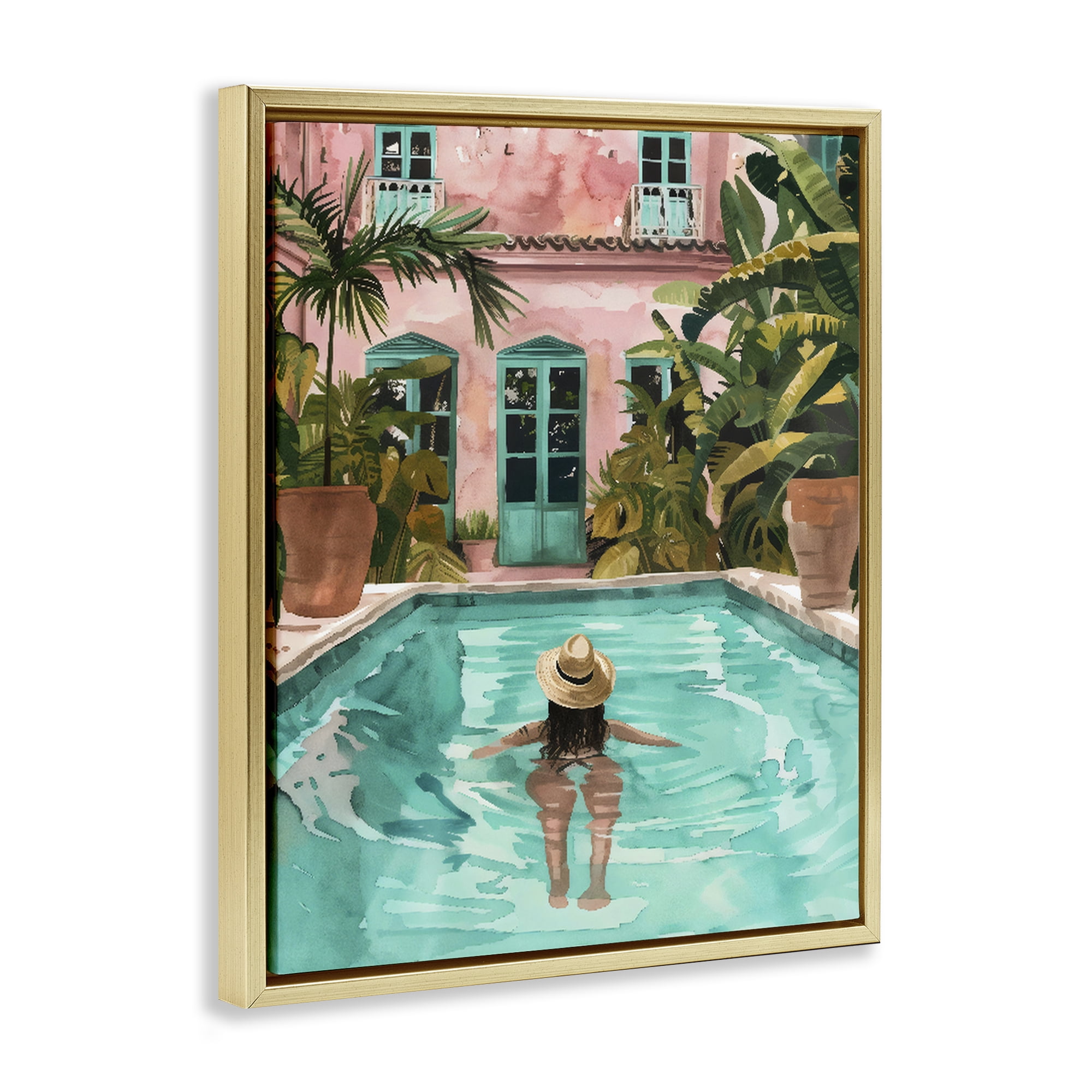 Stupell Industries Girl Swimming In Pool Gold Framed Floater Canvas Wall Art, design by The Prints Vibe