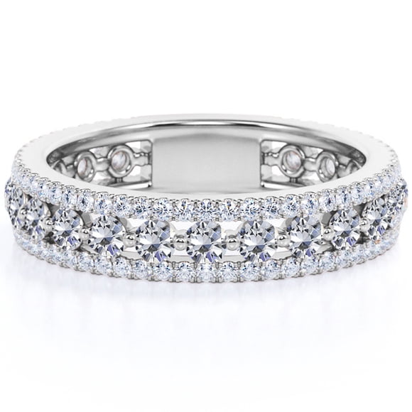 JeenMata Double Pave - 0.75 Carat Round Brilliant Cut Moissanite - Eternity Anniversary Ring - 18K White Gold Plating for Women