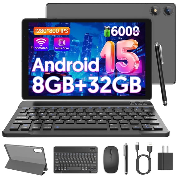 FITIFUN 10.1 inch Android 15 Tablet with Keyboard,8GB RAM 32GB ROM 1TB Expand,Five-Core, 6000mAh,5G Wifi 6,HD IPS Display, Dual Camera,Widevine L1,Gray