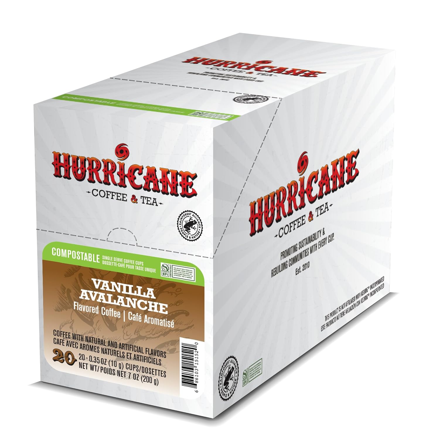Hurricane Vanilla Avalanche Flavored Coffee, Compostable Single Serve Coffee Pods Compatible with Keurig K-Cup Brewers, 20 Count per Box, 4 Boxes
