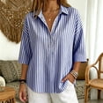 thumbnail image 5 of Qgtaibl Womens Striped Tunic Tops Trendy 3/4 Length Sleeve Lapel Half Button Down Shirts Lightweight Loose Fit Casual Blouse Blue XXL, 5 of 7