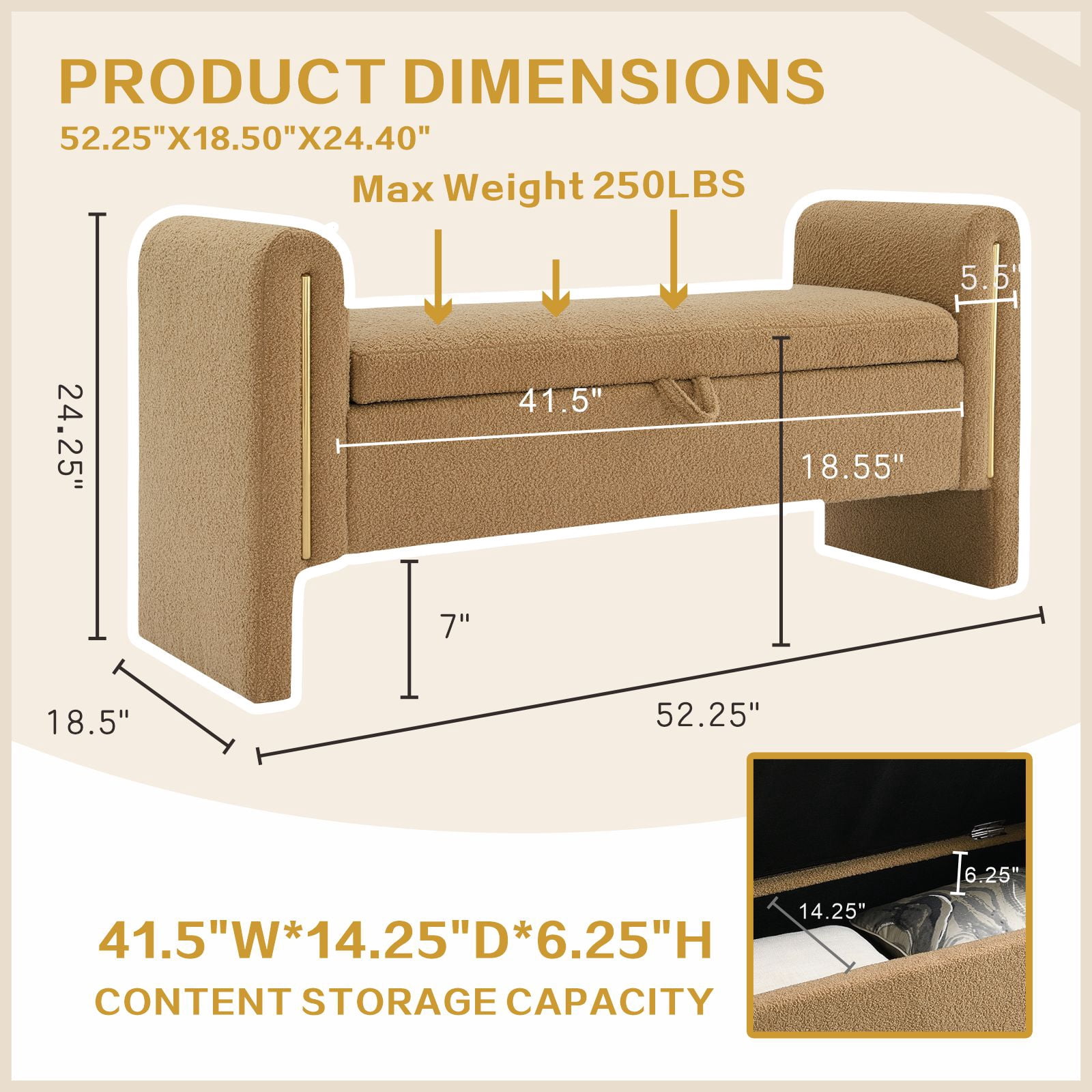 QianYueLUX 52" Storage Ottoman Bench with Armrests, Brown Teddy Fabric, 250lbs Capacity, Multi-Functional Footrest for Bedroom & Entryway