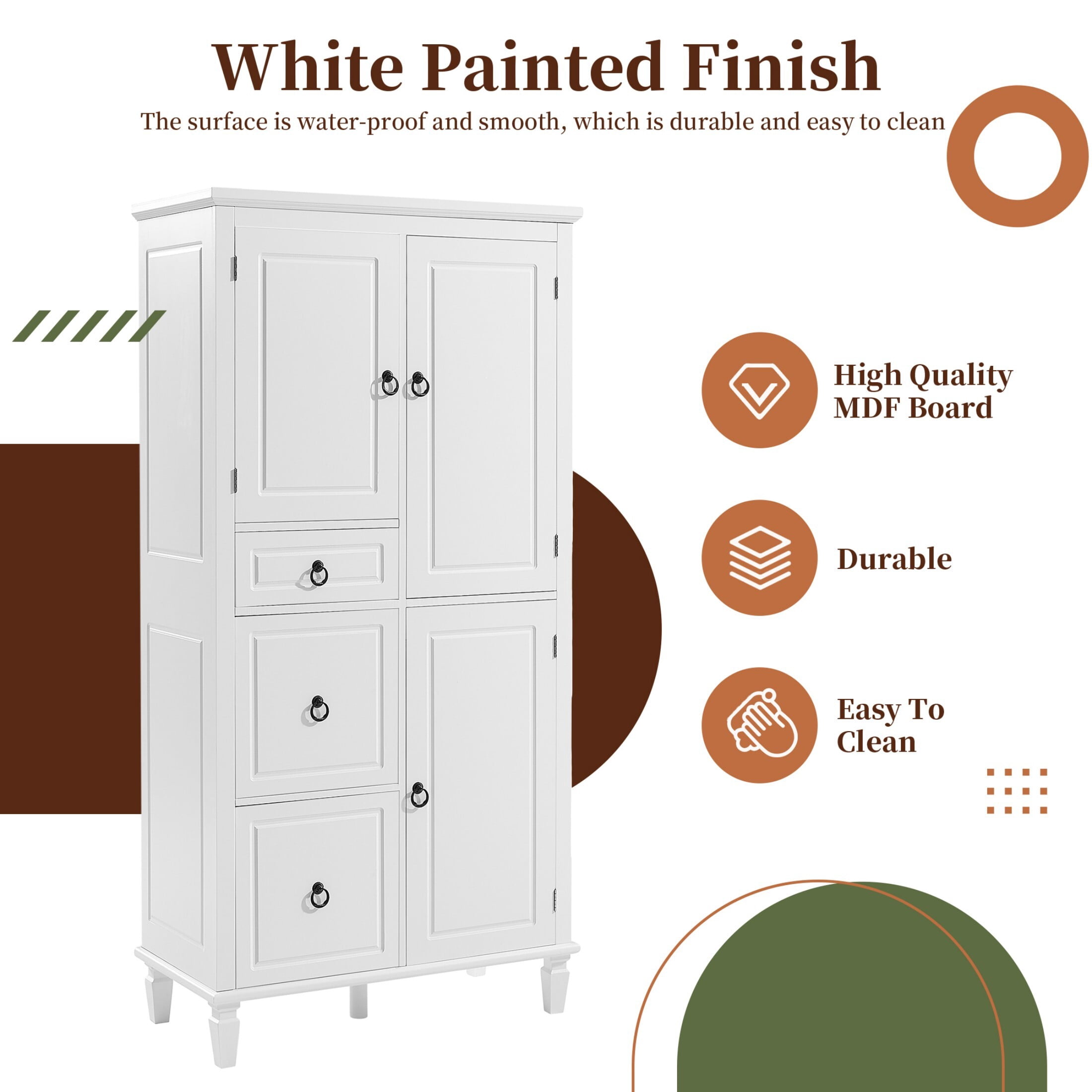 AENKYO 61.7'' Bathroom Cabinet with Adjustable Shelves, Tall Storage Cabinet with 3 Drawers, White
