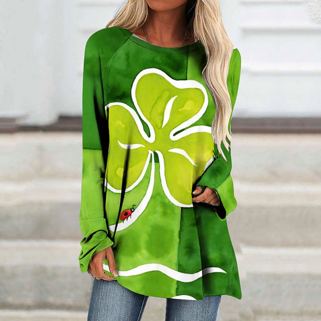 Ichuanyi liquidación de mujeres Fashion St. Patrick's Day impreso Tops suelto camisetas de manga larga BLOUNA ICHUANYI WER202308241237