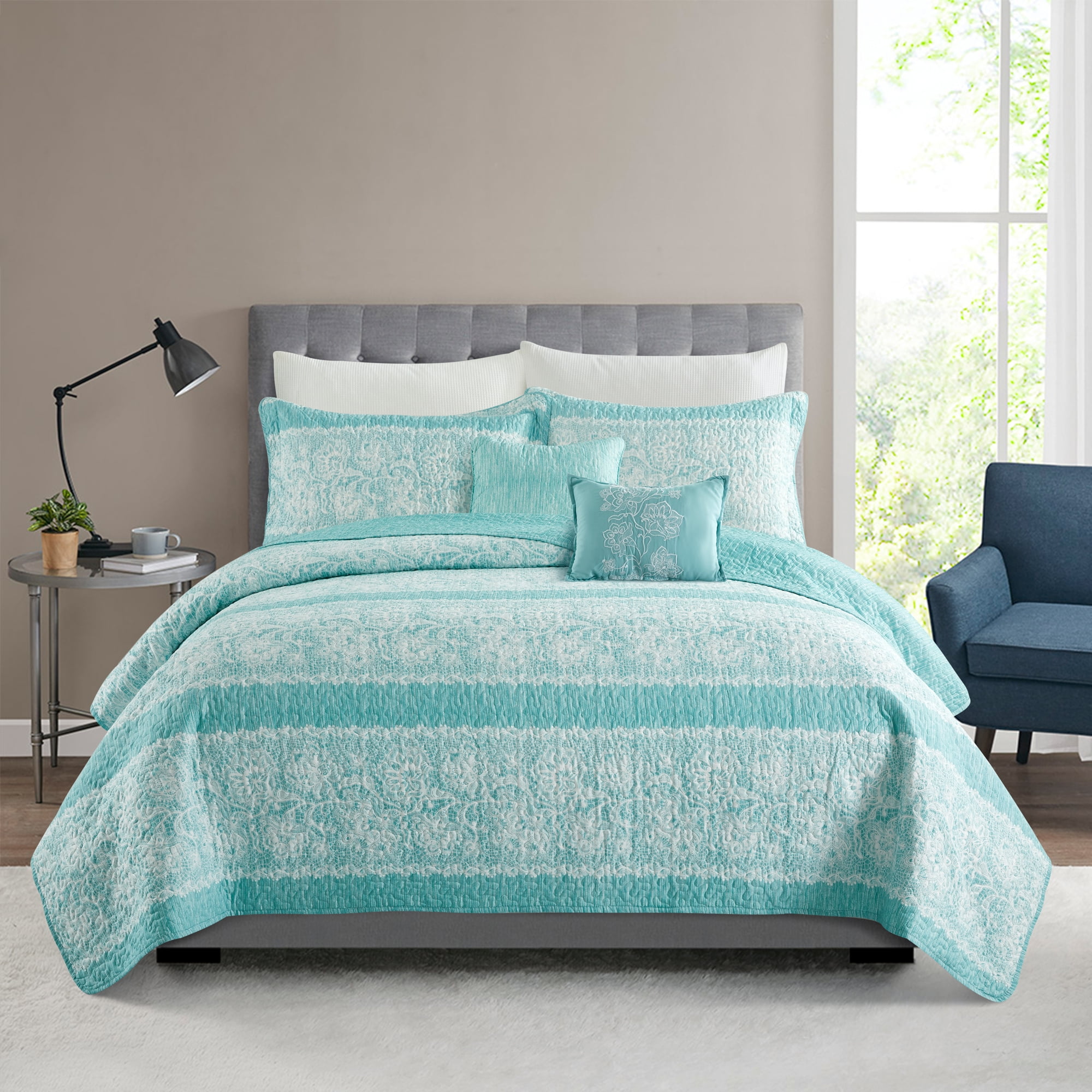 Home Soft Things 5 Piece Printed Microfiber Quilts Bedspread Set - Emma - Teal Aqua - King (102" x 90")