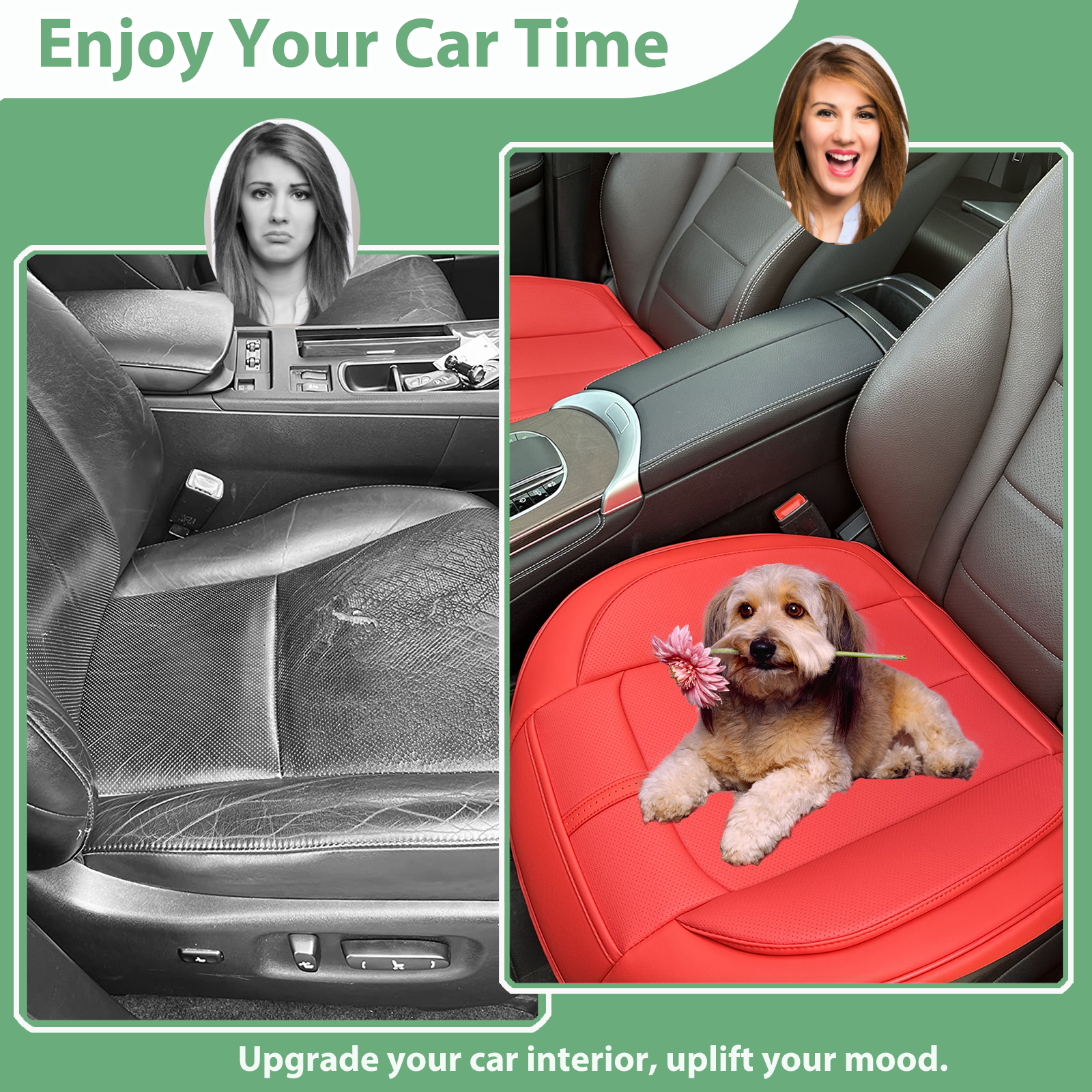 2 Pack Leather Front Car Seat Cover Bottom Only, Anti-Slip Padded Seat Cushion, Full Wrap Seat Protector with Storage Function Universal Fit for Most Cars, SUV, Pick-up Trucks (Red)