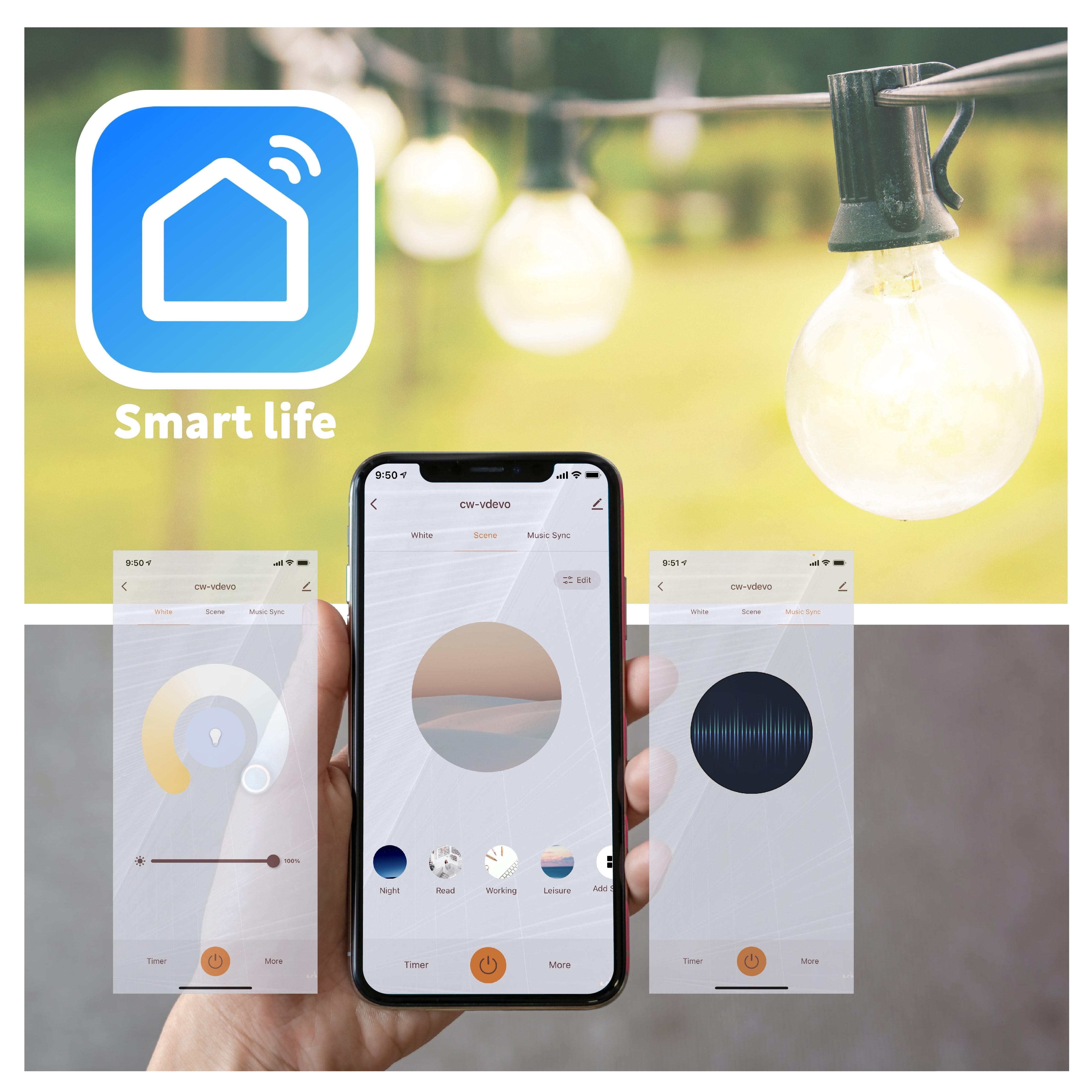 50ft. Smart LED Outdoor String Lights, Smart Life App, Works with Alexa, Google Assistant, IFTTT, Dimmable Outdoor Patio Accessories Sync to Music Lights