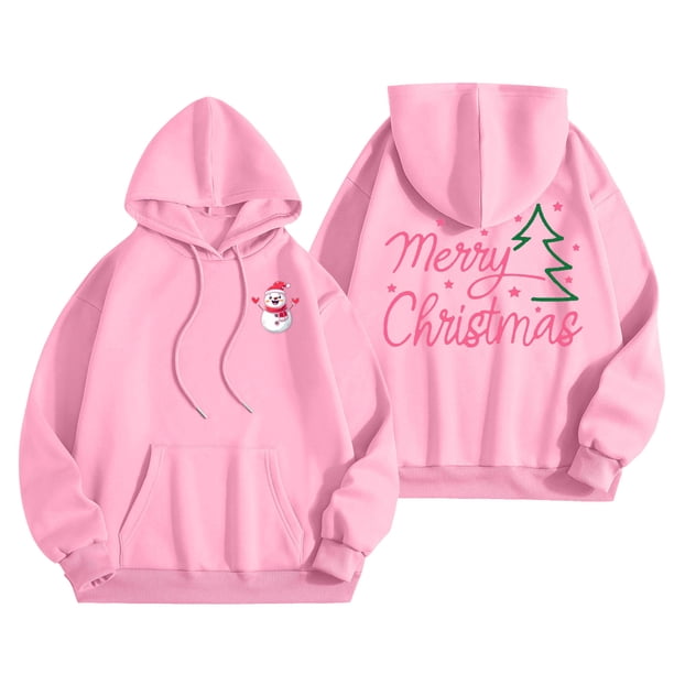 WILLBEST Sudaderas Deportivas para Mujer, Camiseta de Feliz Navidad para Mujer, Sudadera con Estampado de Letras y Árbol de Navidad, Sudadera con Capucha Navideña Chica