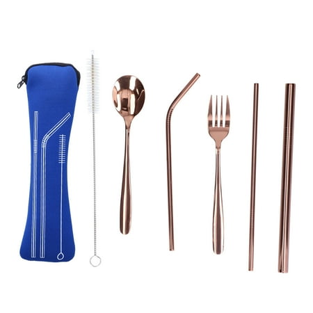 

7Pcs Camping Utensil Set Stainless Steel Portable Reusable Straw Fork Spoon for Outdoor Travel CampingRose Gold (Blue Storage Bag)