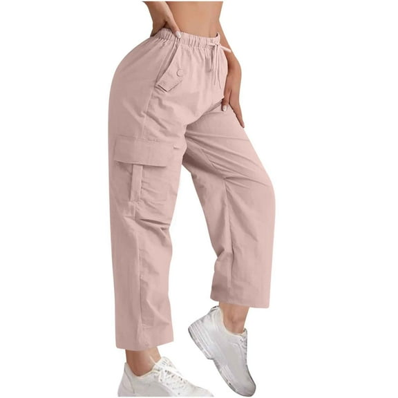 RYDCOT Women Solid Color High Waisted Cargo Pants with Pockets Drawstring Waisted Hiking Pants Straight Leg Trousers Casual Pant for Work Travel Today s Pink