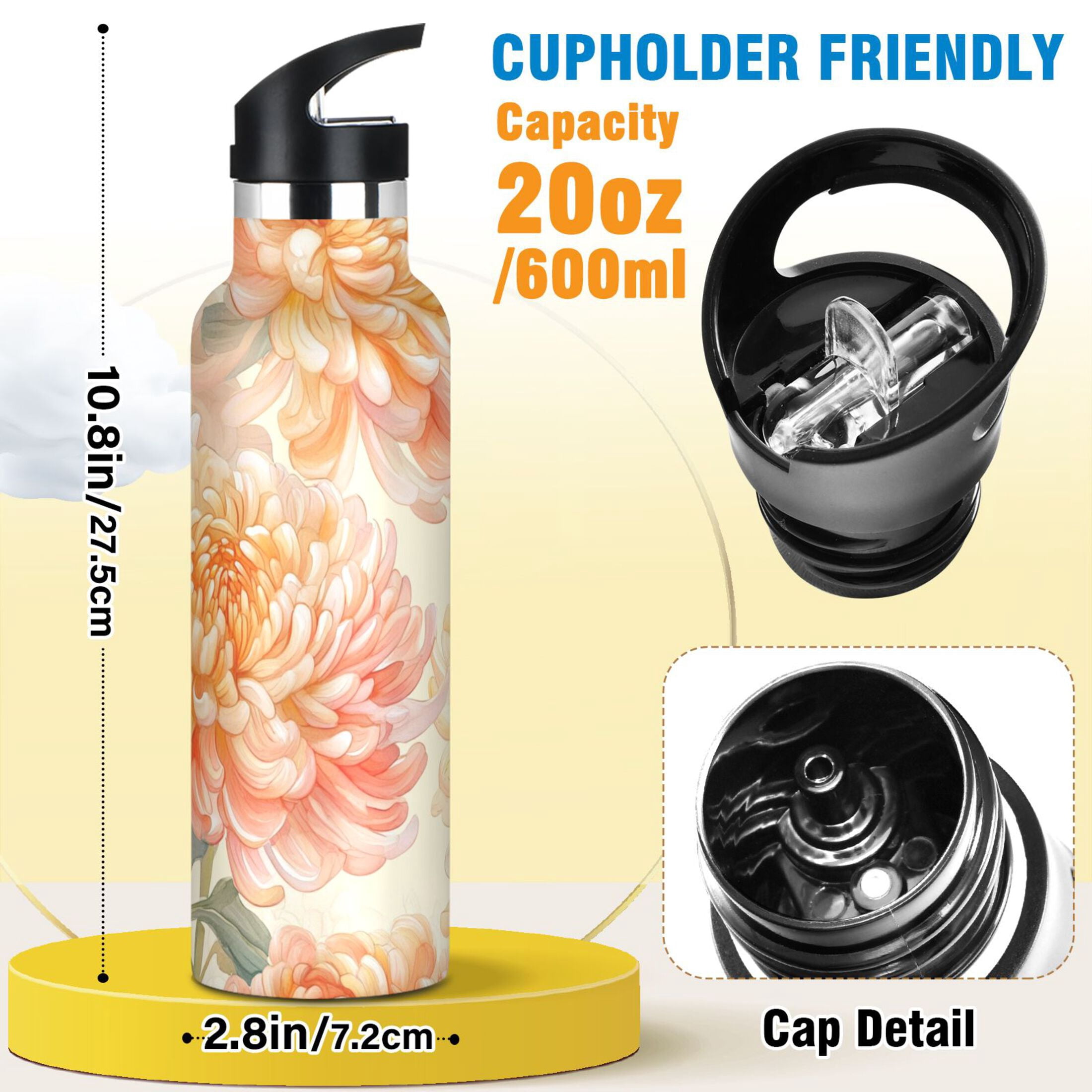 600ML Stainless Steel Insulated Cup Sports Water Bottle Portable Thermos Cup Water Glasses Insulated Tumblers Convenient and Durable Orange Chrysanthemums