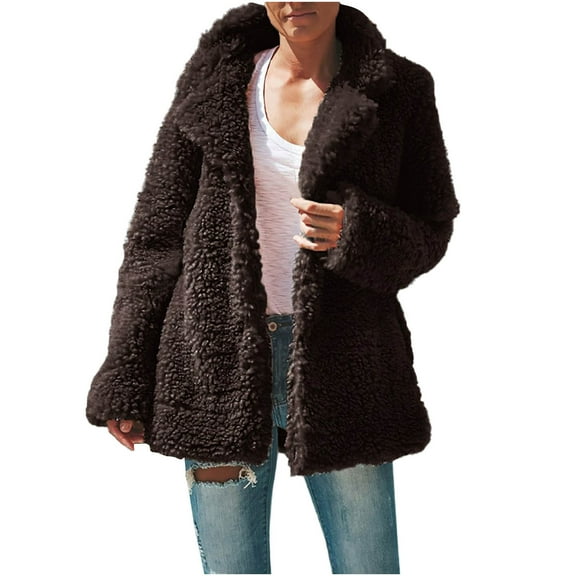 Fesfesfes Women Cardigan Women Fall Winter Solid Color Long Sleeve Plush Cardigan Jacket Tops