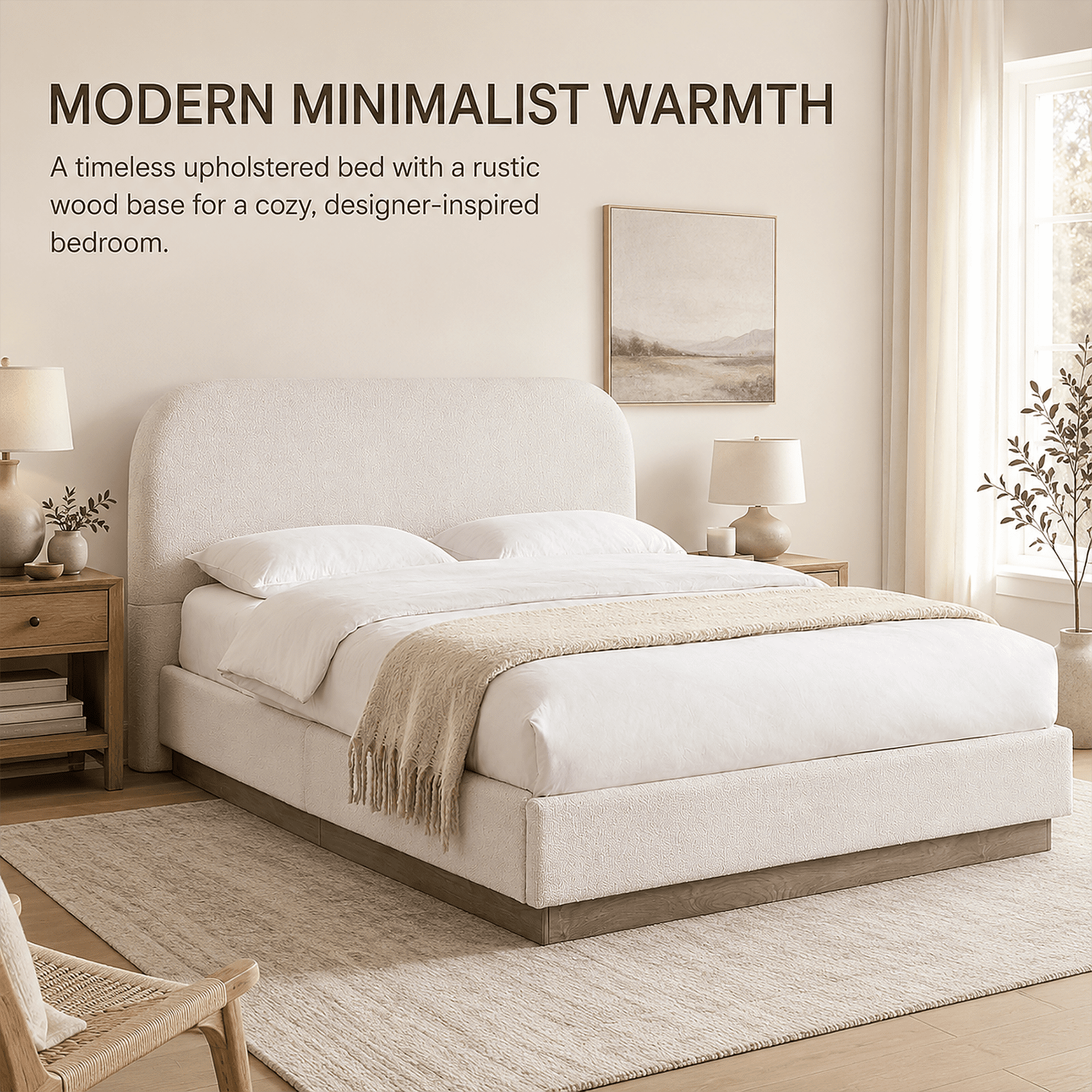 Miniyam King Upholstered Bed with 44.5 in Curved Headboard, Hidden Wood Base, Metal Frame, Cream White
