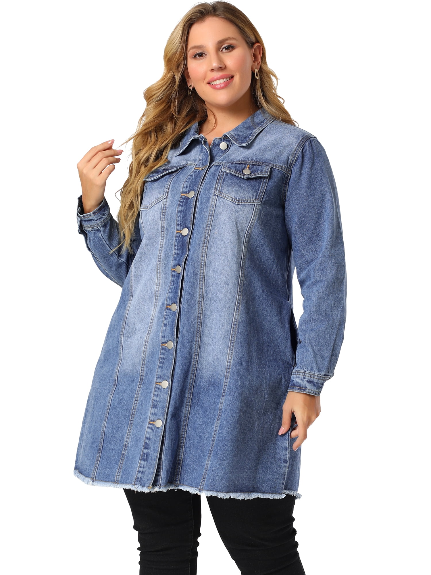 DARING DIVA Women's Plus Size Long Distressed Button Up Denim Jacket 5X Blue